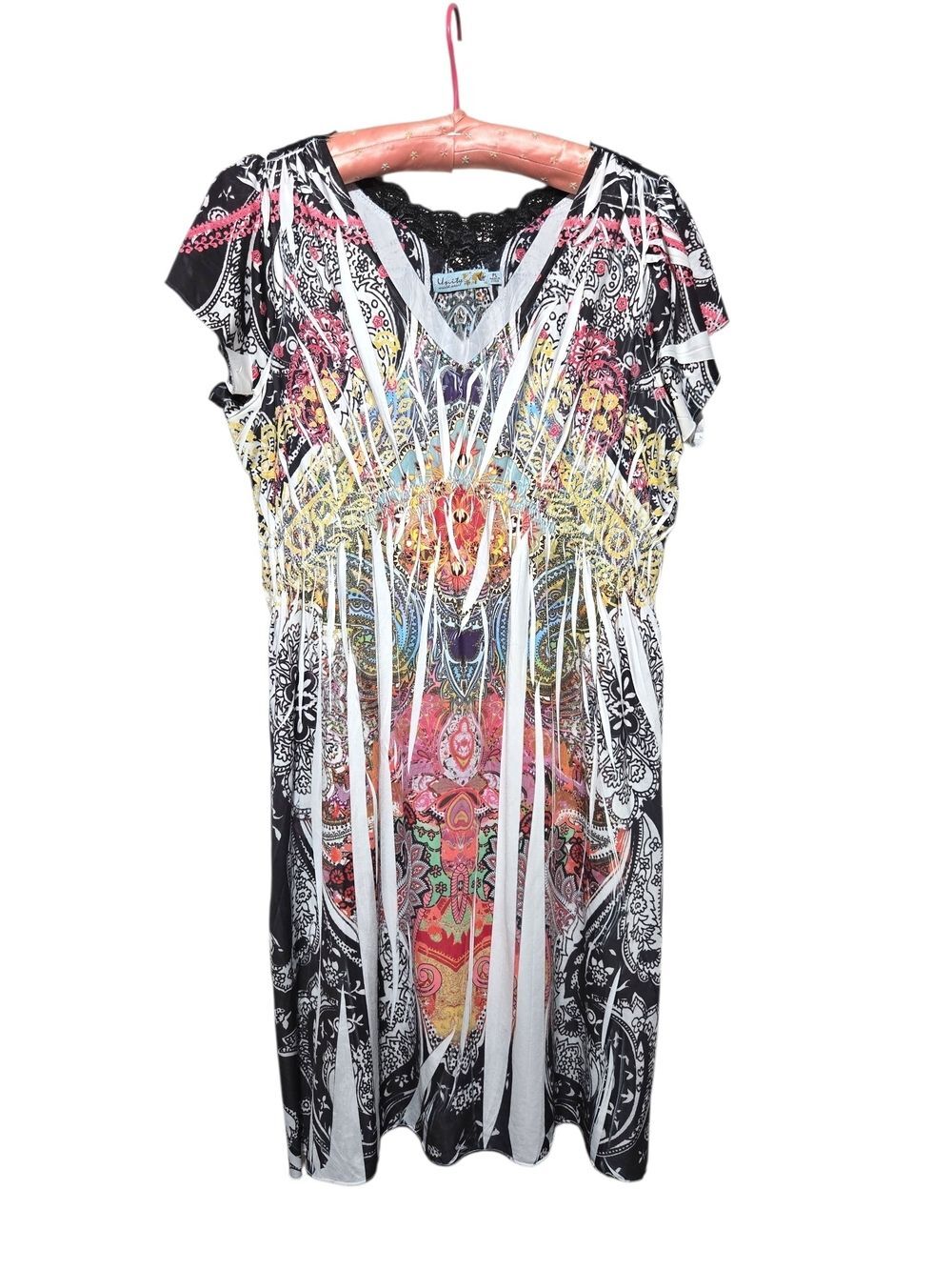 Y2K Unity World Wear Black Lace Trim Paisley Boho Print V-Neck Dress Size Medium